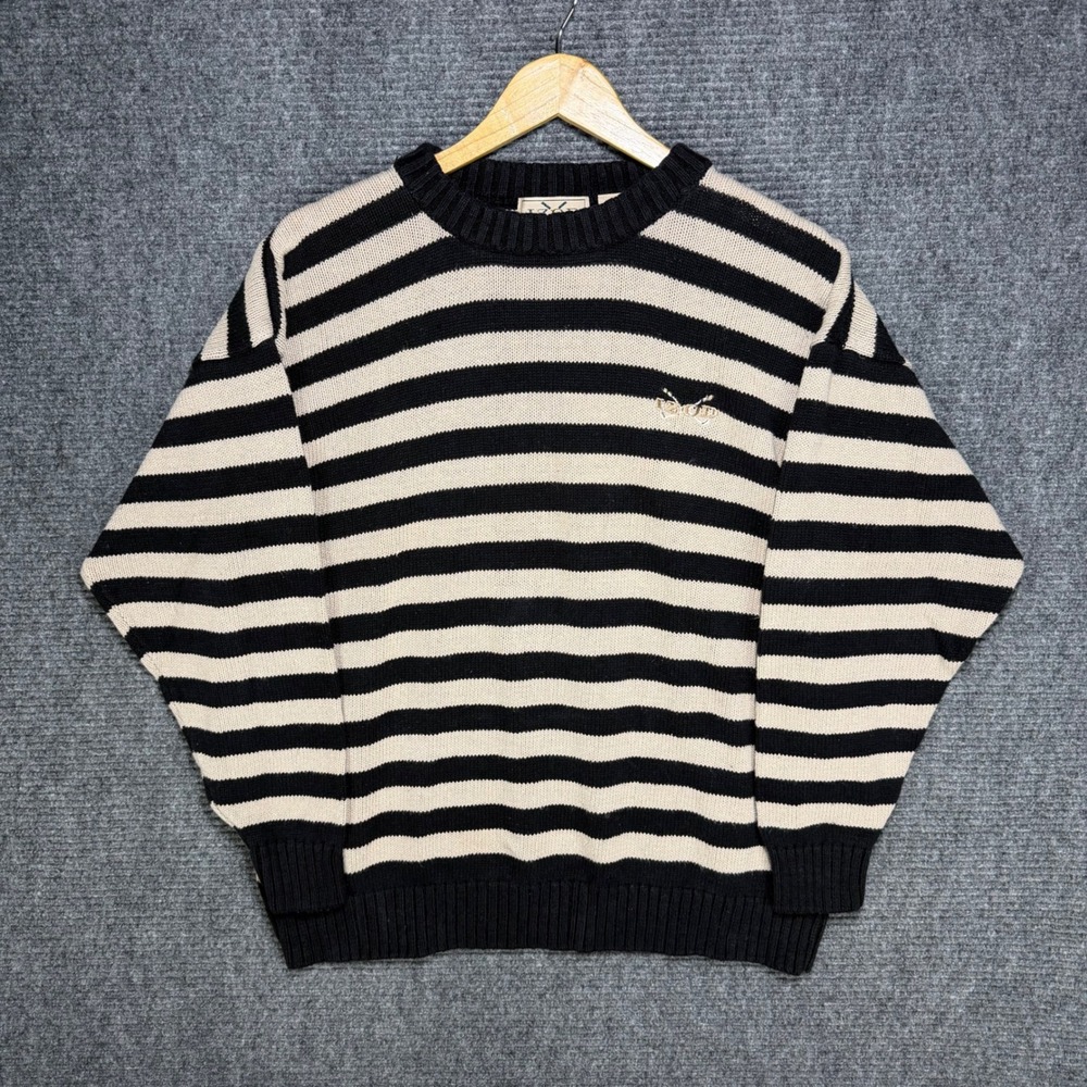 Izod Golf Mens Linen Cotton Striped Crewneck Sweater Black Cream Logo Large